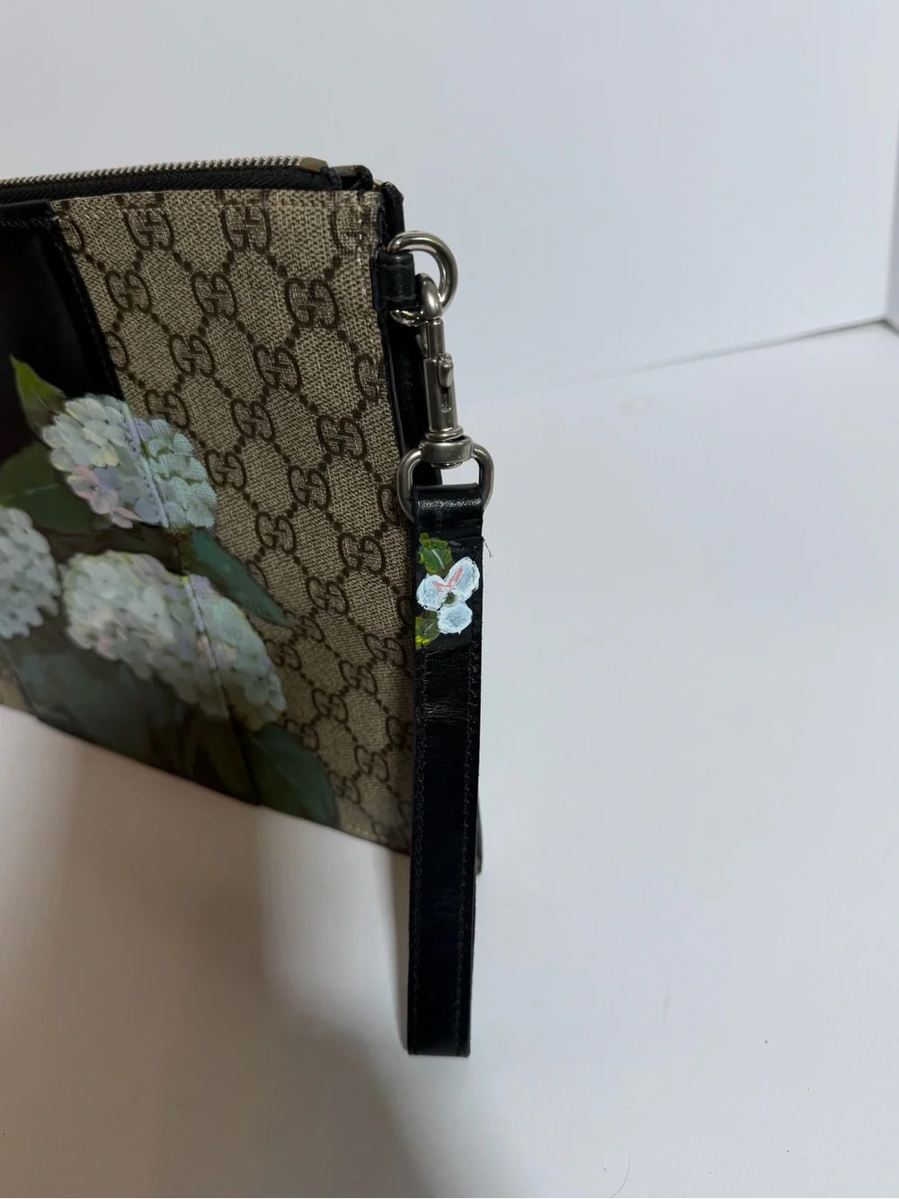 Gucci GG Canvas Clutch with Hand-Painted White Hydrangeas